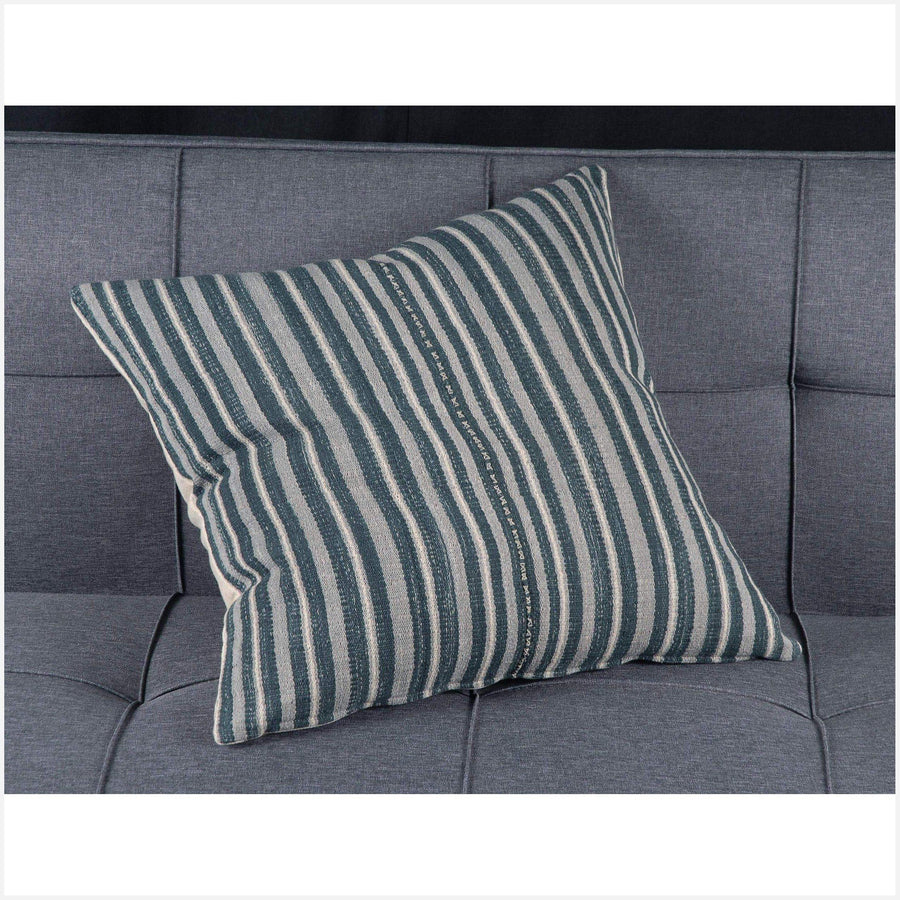 Miao tribal decorative square pillow Karen Hmong fabric ethnic throw cushion hand woven cotton neutral gray white stripe natural dye SD7