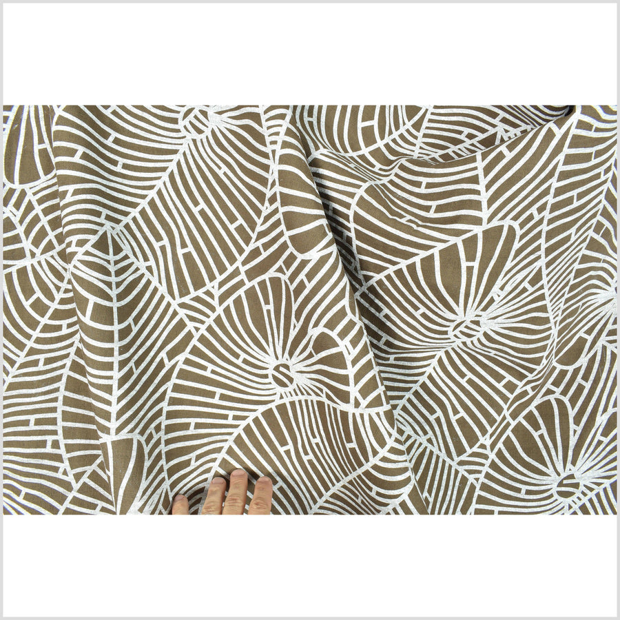 Mocha brown cotton fabric, white leaf nature screen print, bold graphic pattern, Thailand sewing craft, sold by the yard PHA293