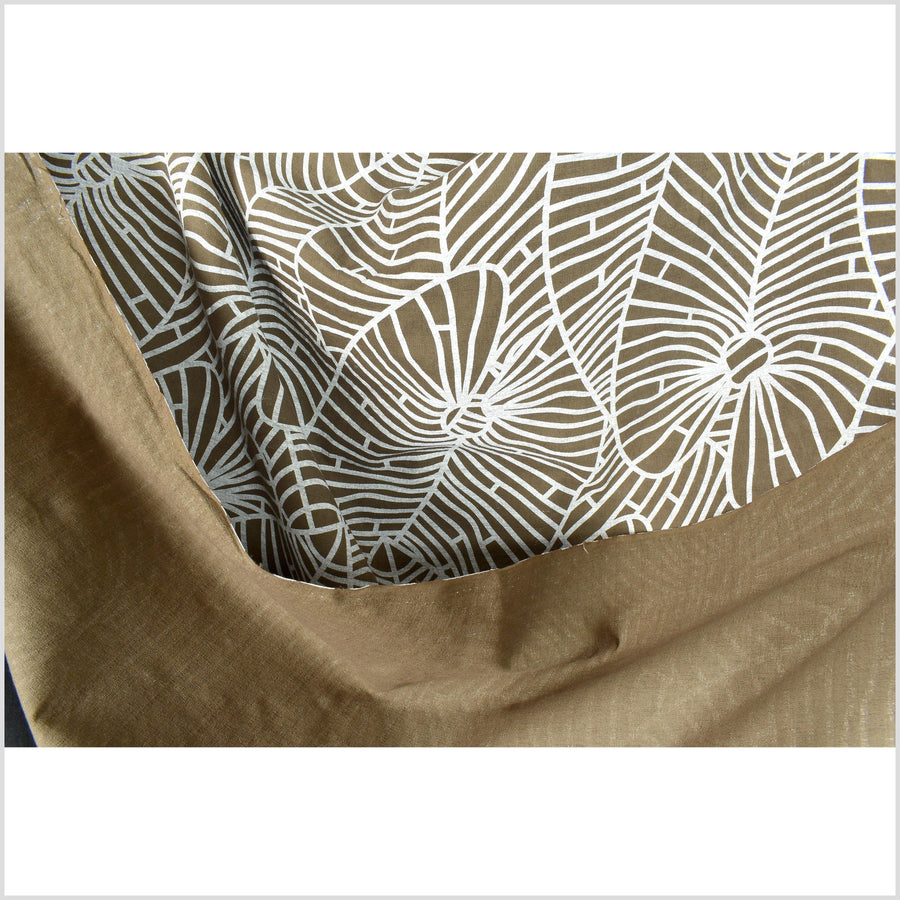 Mocha brown cotton fabric, white leaf nature screen print, bold graphic pattern, Thailand sewing craft, sold by the yard PHA293