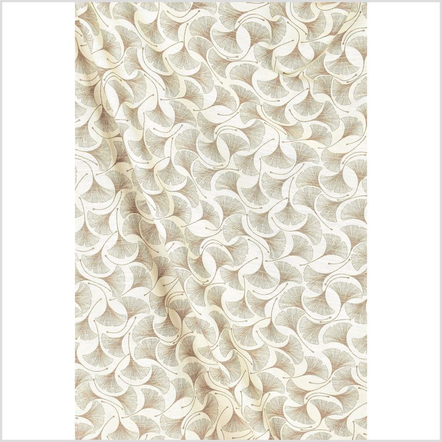 Mocha brown screen print flower pattern on neutral unbleached handwoven cotton fabric, rustic warm off-white with big texture, PHA298