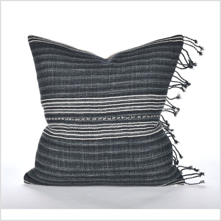 Modern home decor, handwoven cotton pillowcase, 18 in. square cushion, farmhouse style, dark gray, off-white striped tassel pillow, organic dye LL46