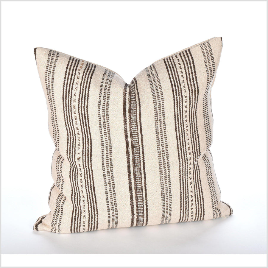 Modern home decor, handwoven cotton pillowcase, 19. square cushion, farmhouse style, warm off-white, brown stripe pillowcase, organic dye LL50