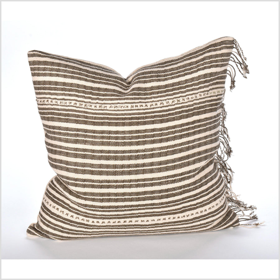 Modern home decor, handwoven cotton pillowcase, 19. square cushion, farmhouse style, warm off-white, brown stripe pillowcase, organic dye LL52
