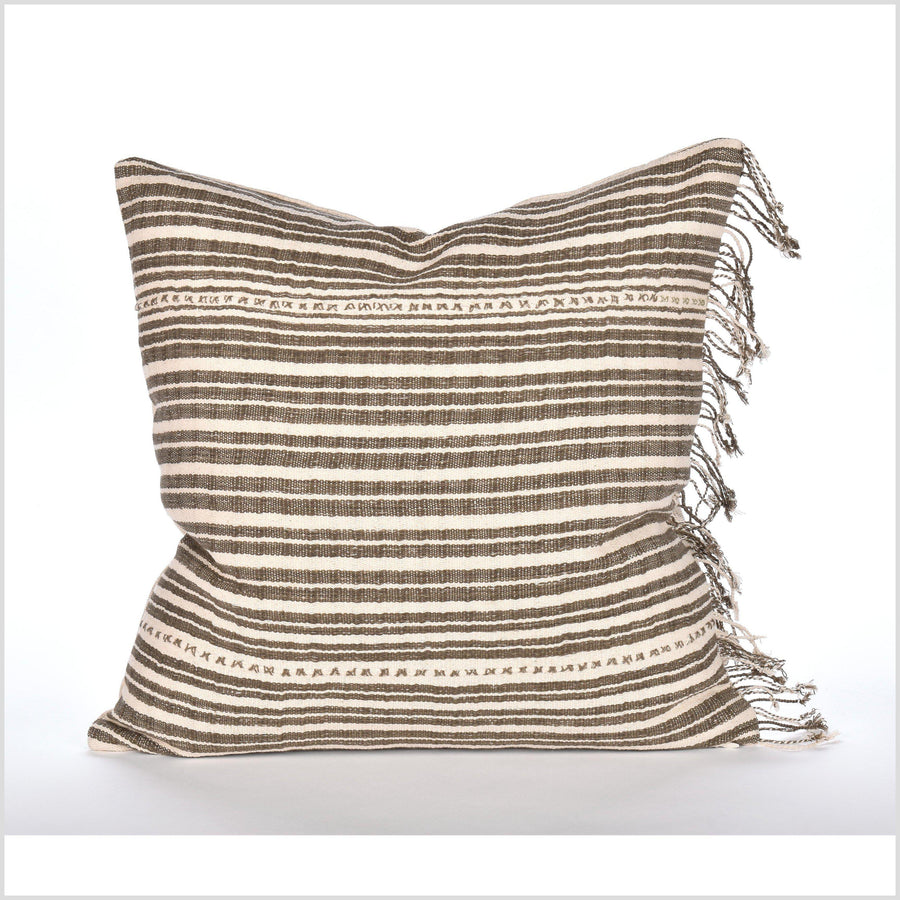 Modern home decor, handwoven cotton pillowcase, 19. square cushion, farmhouse style, warm off-white, brown stripe pillowcase, organic dye LL52