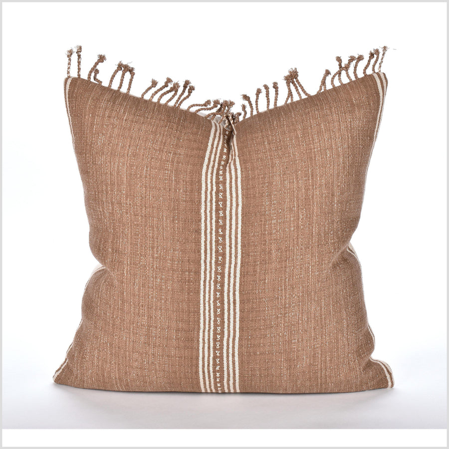 Modern home decor, handwoven cotton pillowcase, 20 in. square cushion, farmhouse style, brown off-white striped tassel pillow, organic dye LL44