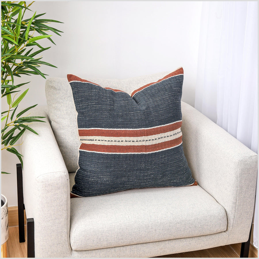 Modern home decor, handwoven cotton pillowcase, 21 inch square cushion, farmhouse style, dark gray, brown, beige, white throw pillow cover, organic dye YY76