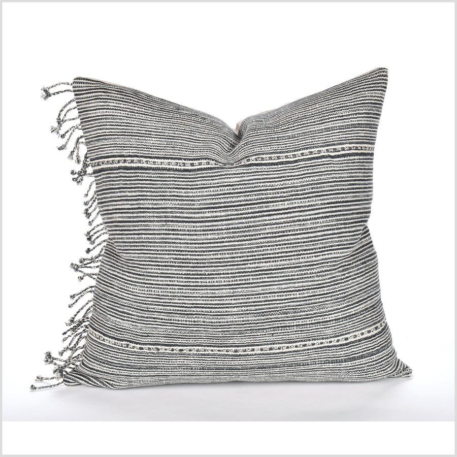 Modern home decor, handwoven cotton pillowcase, 22. square cushion, farmhouse style, warm off-white, black stripe pillowcase, organic dye LL53