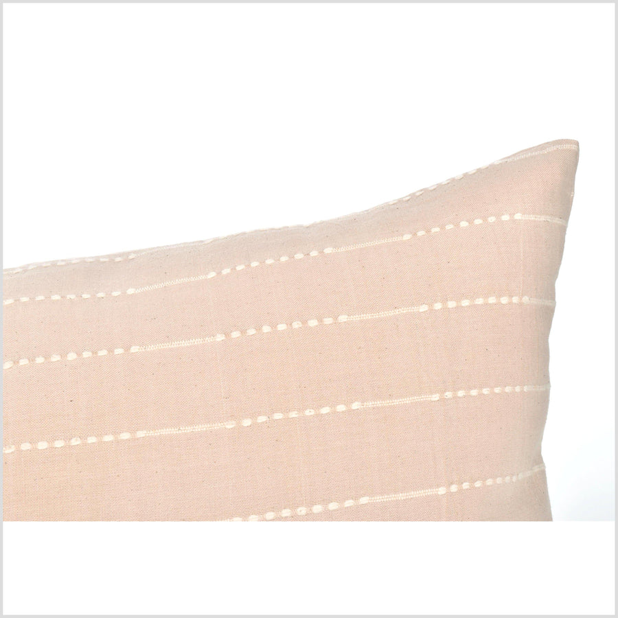 Modern long cotton 36 inch lumbar pillowcase in beautiful handwoven blush beige white stripe cotton, double-sided, PP69