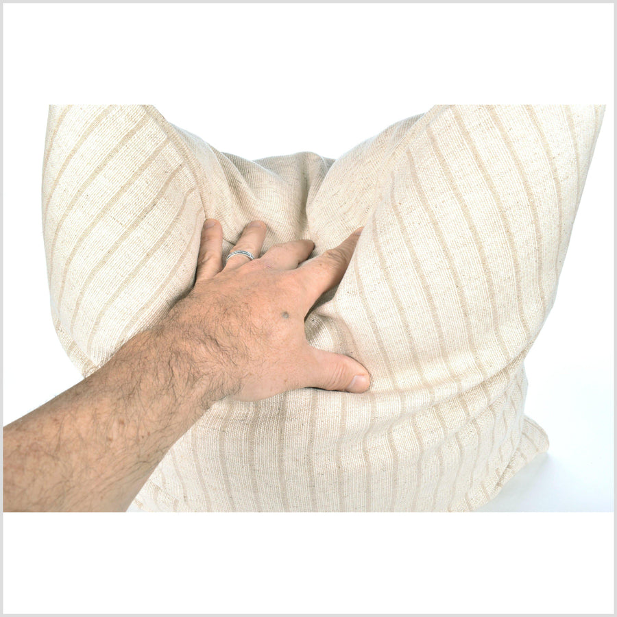 Modern style home decor, hemp linen cotton pillowcase, 20 in. square cushion, farmhouse neutral beige off-white stripe pillow, LL38