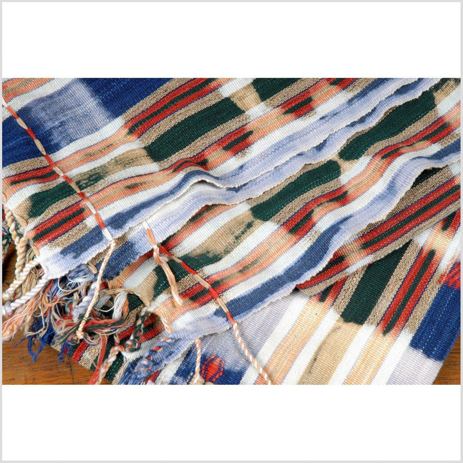 Naga cotton blanket, ethnic striped bedcover, distressed Naga tribal fabric, cotton tie dye boho fabric, handwoven blue red shibori OT27