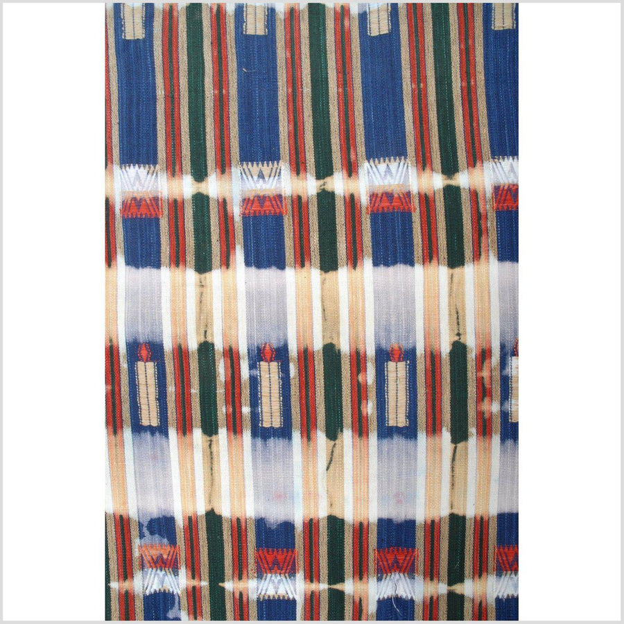 Naga cotton blanket, ethnic striped bedcover, distressed Naga tribal fabric, cotton tie dye boho fabric, handwoven blue red shibori OT27