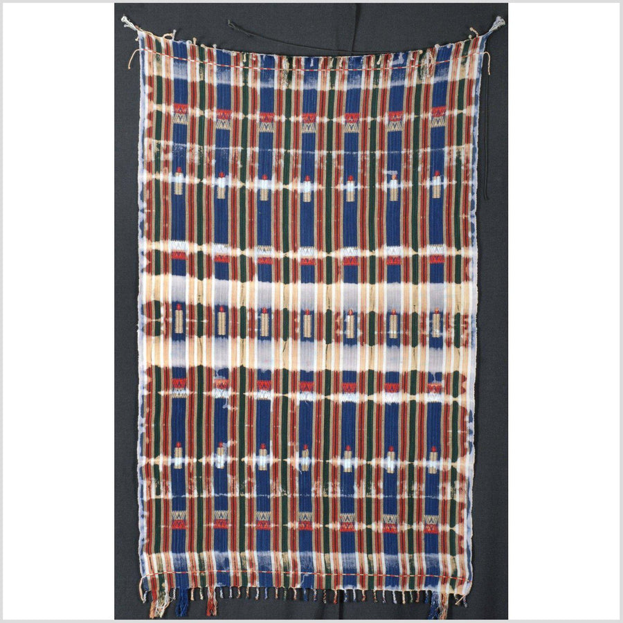 Naga cotton blanket, ethnic striped bedcover, distressed Naga tribal fabric, cotton tie dye boho fabric, handwoven blue red shibori OT27