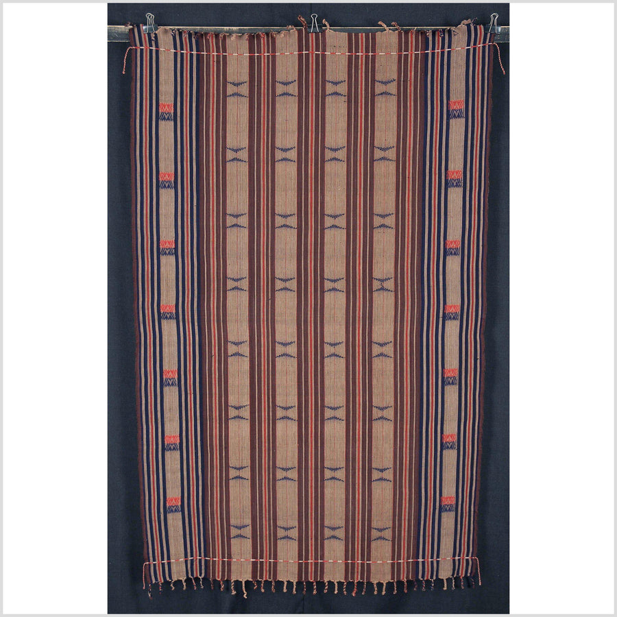 Naga tribal home decor ethnic blanket handwoven cotton throw tan, brown, red, blue stripe tapestry NM4