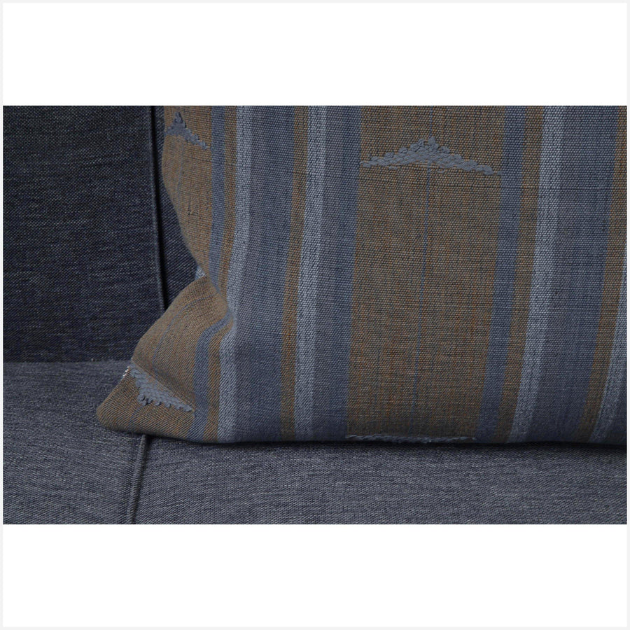 Naga tribal textile handwoven 18 in. square pillow warm gray and blue cushion BN55