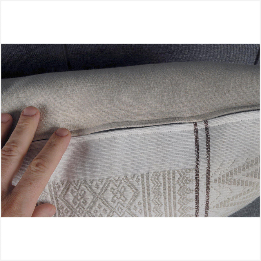 Naga tribal textile long lumbar pillow, 35 in. x 16 in. white, gray, brown ethnic cotton cushion BN69