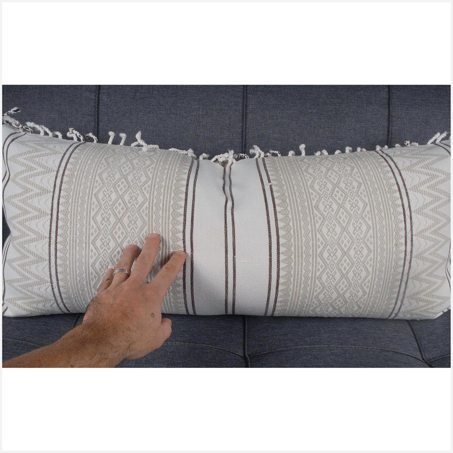 Naga tribal textile long lumbar pillow, 35 in. x 16 in. white, gray, brown ethnic cotton cushion BN69