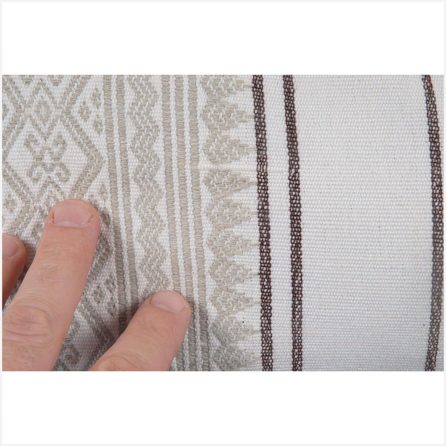 Naga tribal textile long lumbar pillow, 35 in. x 16 in. white, gray, brown ethnic cotton cushion BN69