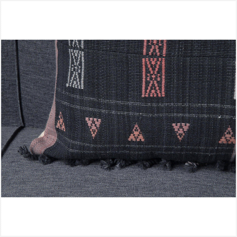 Naga tribal textile long lumbar pillow, 40 in. x 12 in. charcoal, pale rose, and gray ethnic cotton cushion BN75