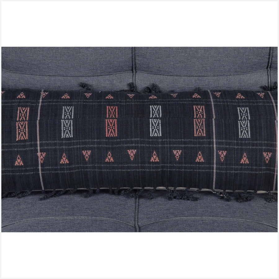 Naga tribal textile long lumbar pillow, 40 in. x 12 in. charcoal, pale rose, and gray ethnic cotton cushion BN75