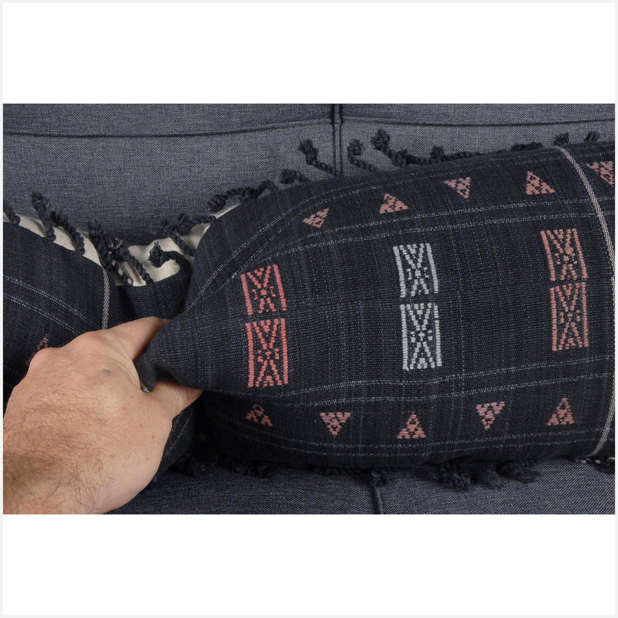 Naga tribal textile long lumbar pillow, 40 in. x 12 in. charcoal, pale rose, and gray ethnic cotton cushion BN75
