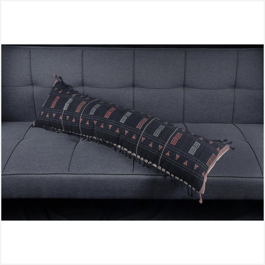 Naga tribal textile long lumbar pillow, 40 in. x 12 in. charcoal, pale rose, and gray ethnic cotton cushion BN75