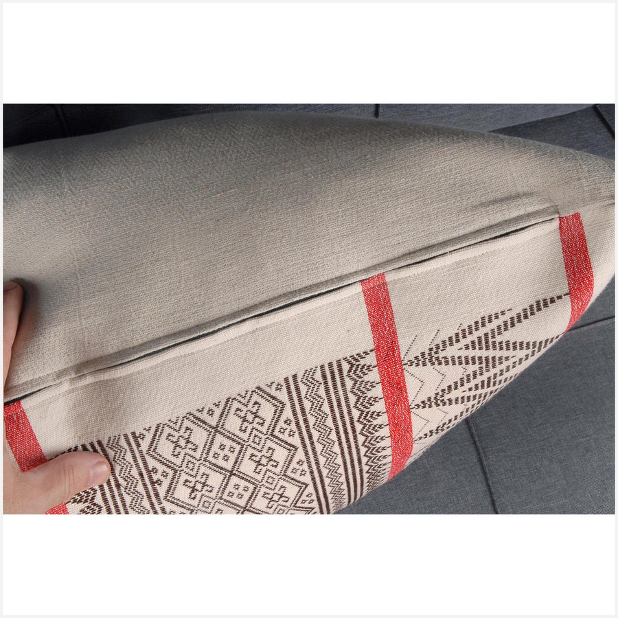 Naga tribal textile long rectangle pillow, 36 in. x 22 in. white, brown, red, ethnic cotton cushion BN71