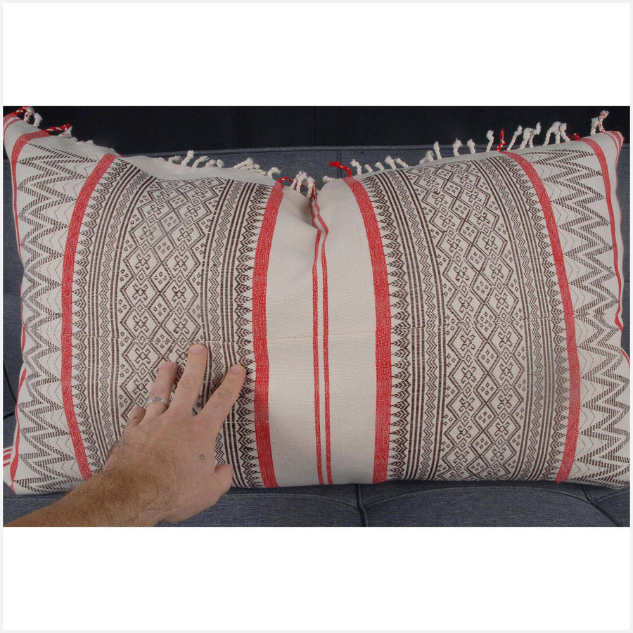 Naga tribal textile long rectangle pillow, 36 in. x 22 in. white, brown, red, ethnic cotton cushion BN71