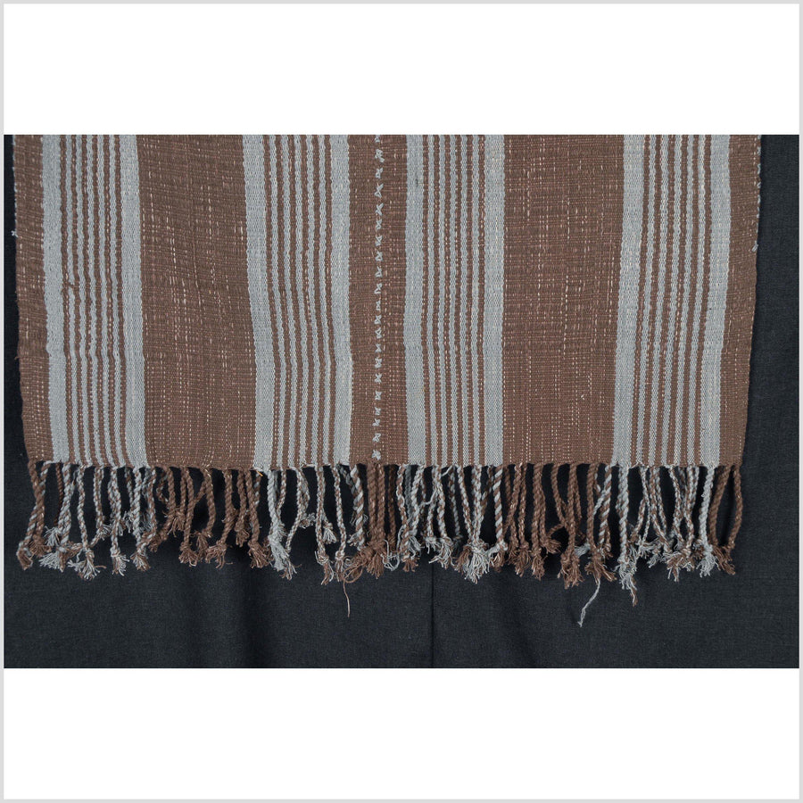 Natural organic dye cotton, handwoven earth tone tribal textile, Karen Hmong fabric, Thai striped boho throw NM46