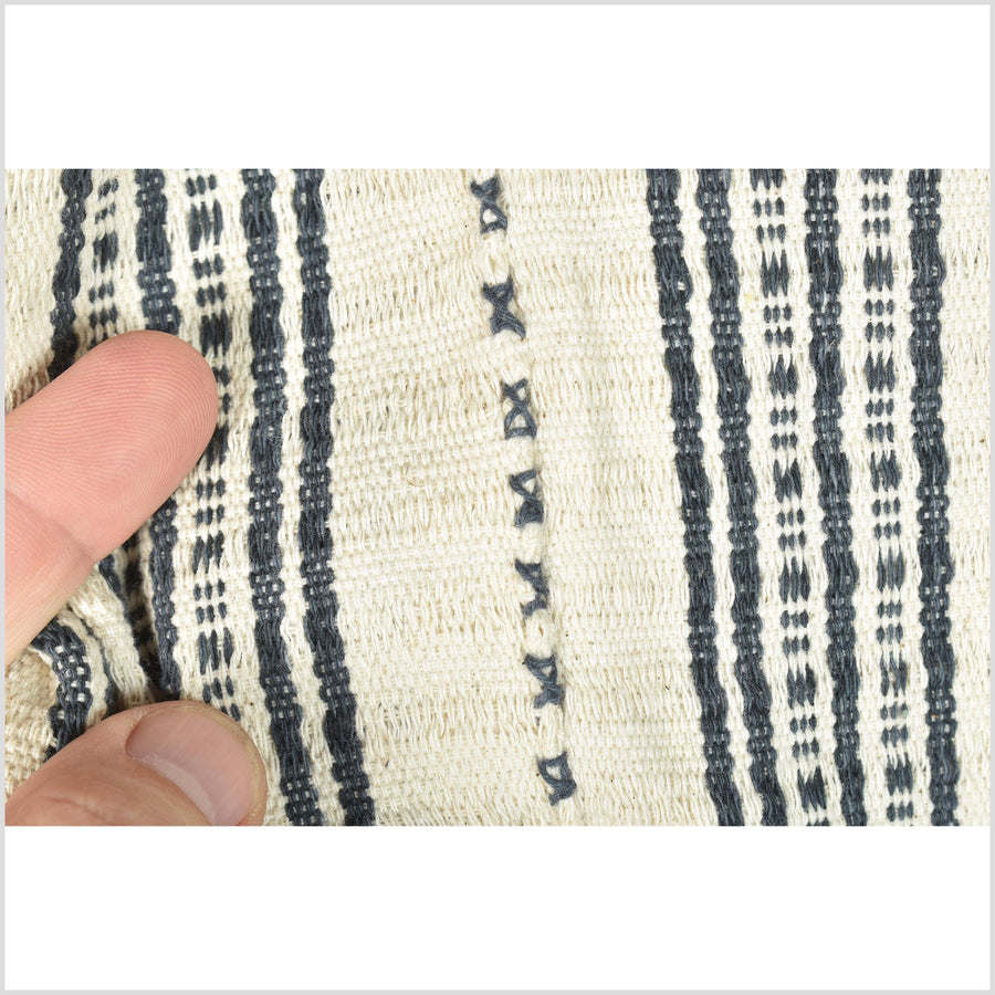 Natural organic dye cotton, handwoven neutral cream gray stripe tribal textile, Karen Hmong fabric, Thai boho throw RB2