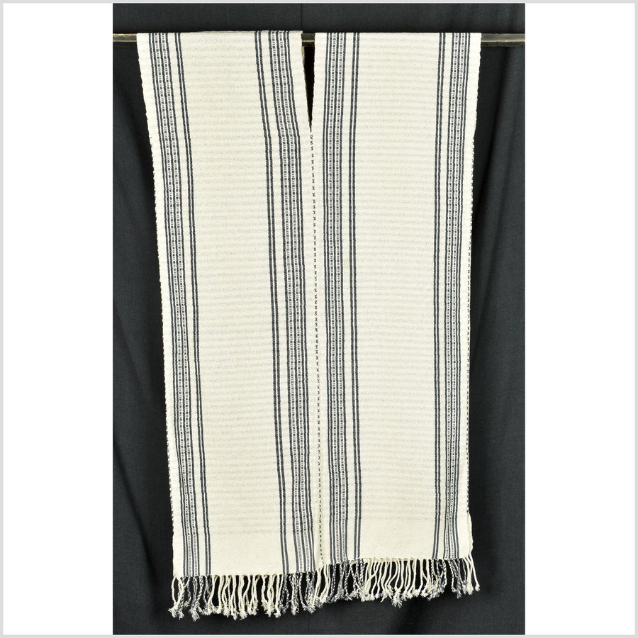 Natural organic dye cotton, handwoven neutral cream gray stripe tribal textile, Karen Hmong fabric, Thai boho throw RB2