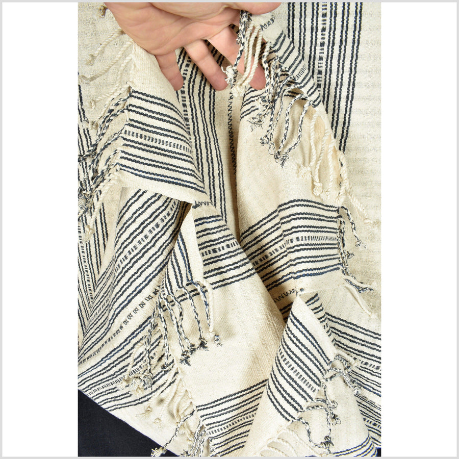 Natural organic dye cotton, handwoven neutral cream gray stripe tribal textile, Karen Hmong fabric, Thai boho throw RB5