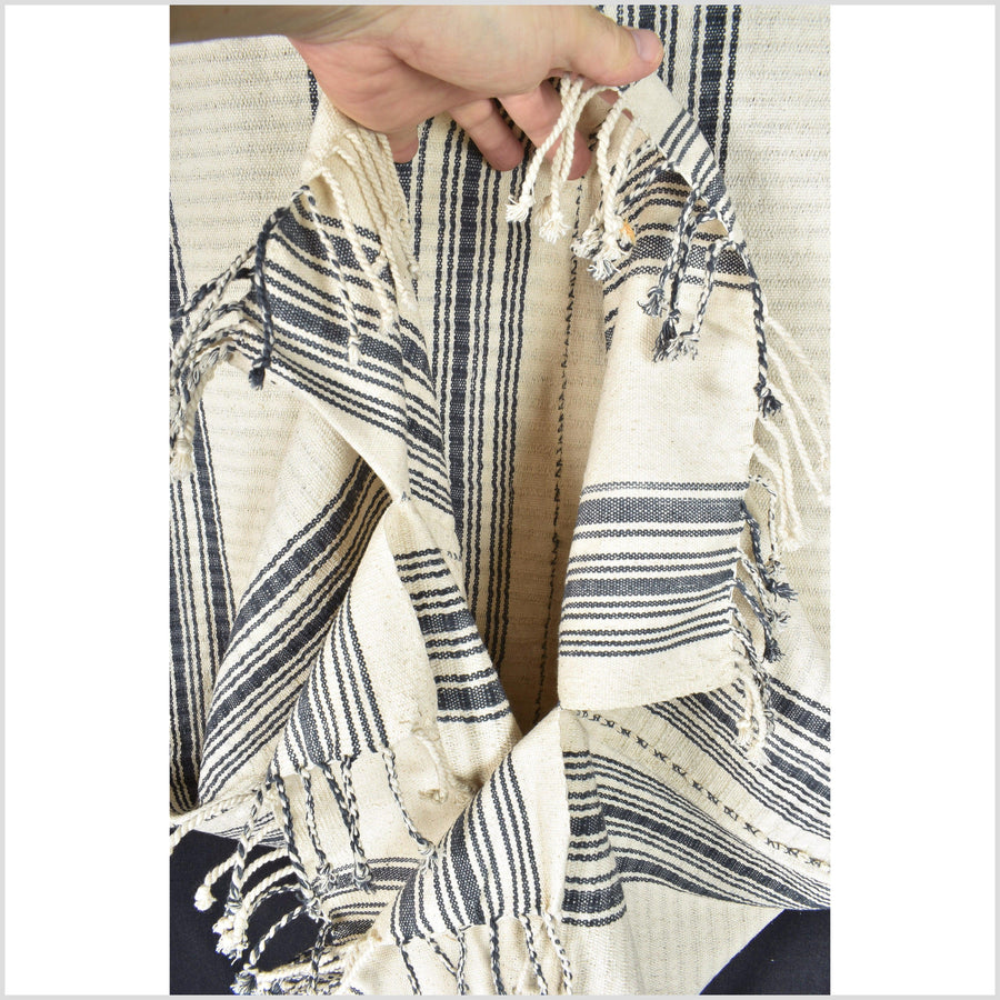 Natural organic dye cotton, handwoven neutral cream gray stripe tribal textile, Karen Hmong fabric, Thai boho throw RB6
