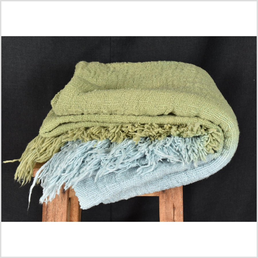 Natural vegetable dye handwoven hand loomed cotton blanket, pale blue Spring green Indonesian textile tapestry ethnic tribal home decor ZV92