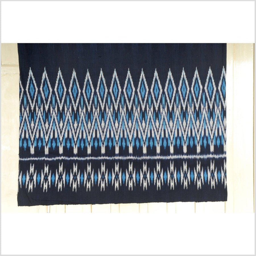Navy blue ikat fabric, indigo ikat textile, handwoven cotton matmii skirt, dark blue tribal pattern throw with light blue and white 7 APR30
