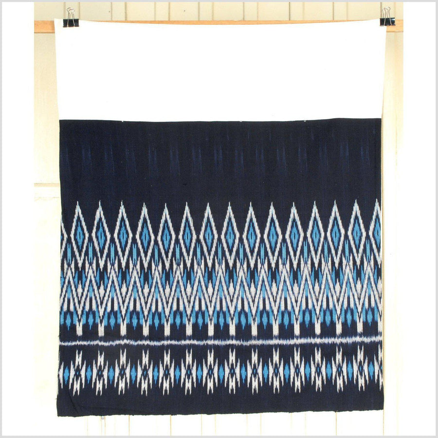 Navy blue ikat fabric, indigo ikat textile, handwoven cotton matmii skirt, dark blue tribal pattern throw with light blue and white 7 APR30