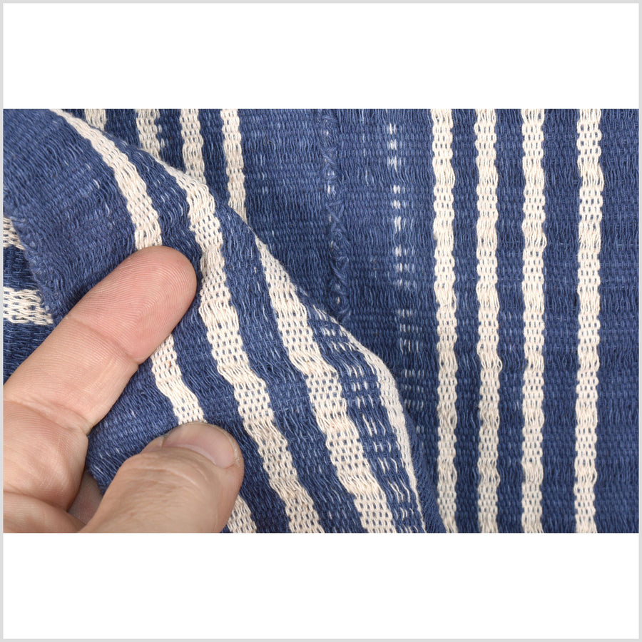 Navy indigo blue, white stripe, natural organic dye cotton, handwoven tribal textile, Karen Hmong fabric, Thai bohemian throw MQ65