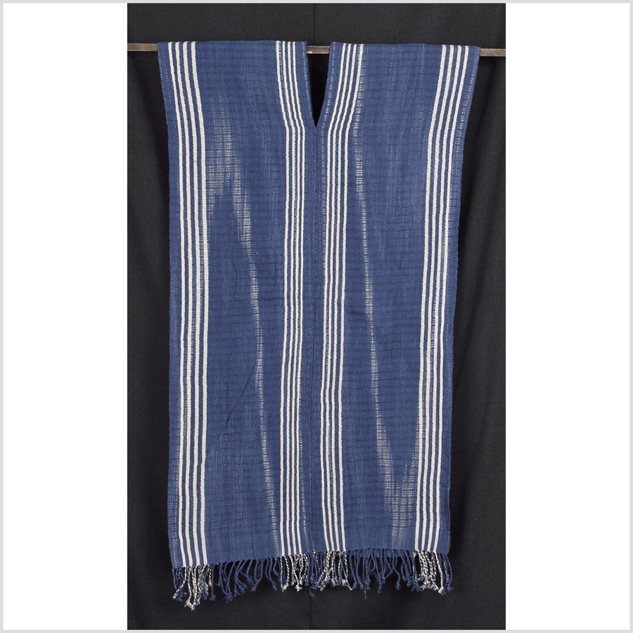 Navy indigo blue, white stripe, natural organic dye cotton, handwoven tribal textile, Karen Hmong fabric, Thai bohemian throw MQ65
