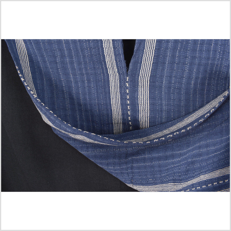 Navy indigo blue, white stripe, natural organic dye cotton, handwoven tribal textile, Karen Hmong fabric, Thai bohemian throw MQ66