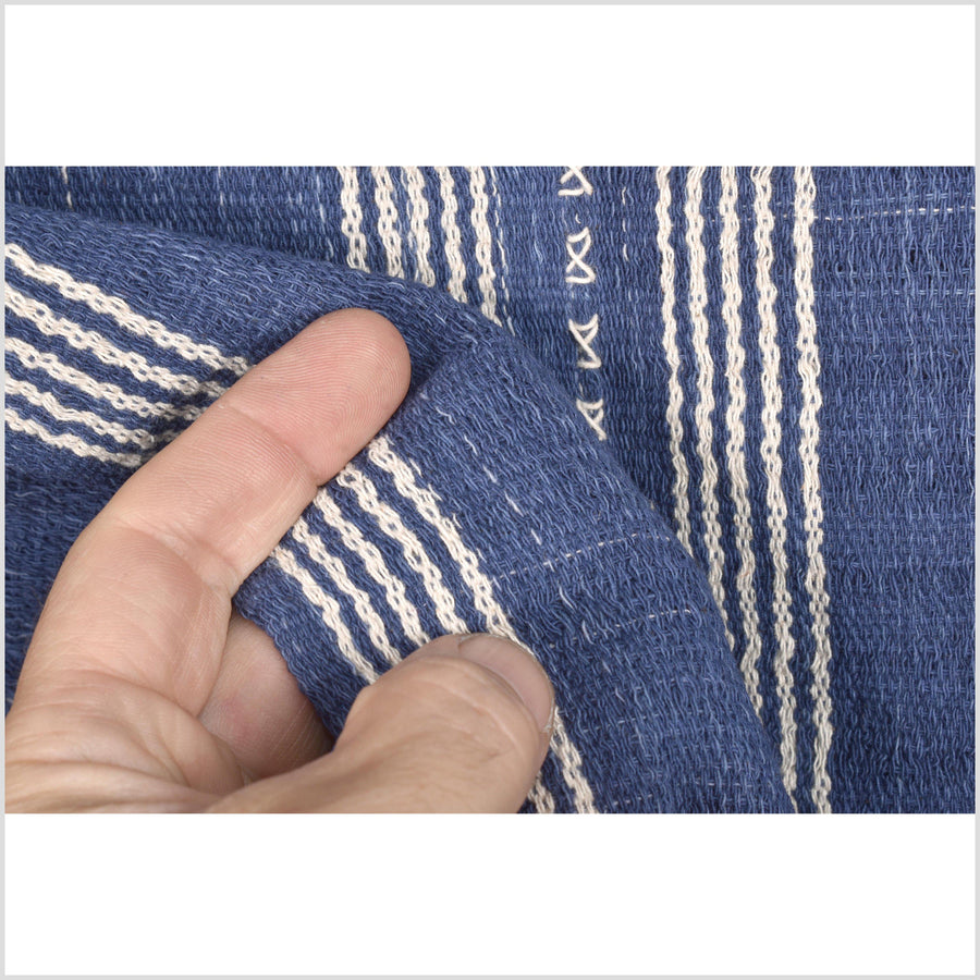 Navy indigo blue, white stripe, natural organic dye cotton, handwoven tribal textile, Karen Hmong fabric, Thai bohemian throw MQ67
