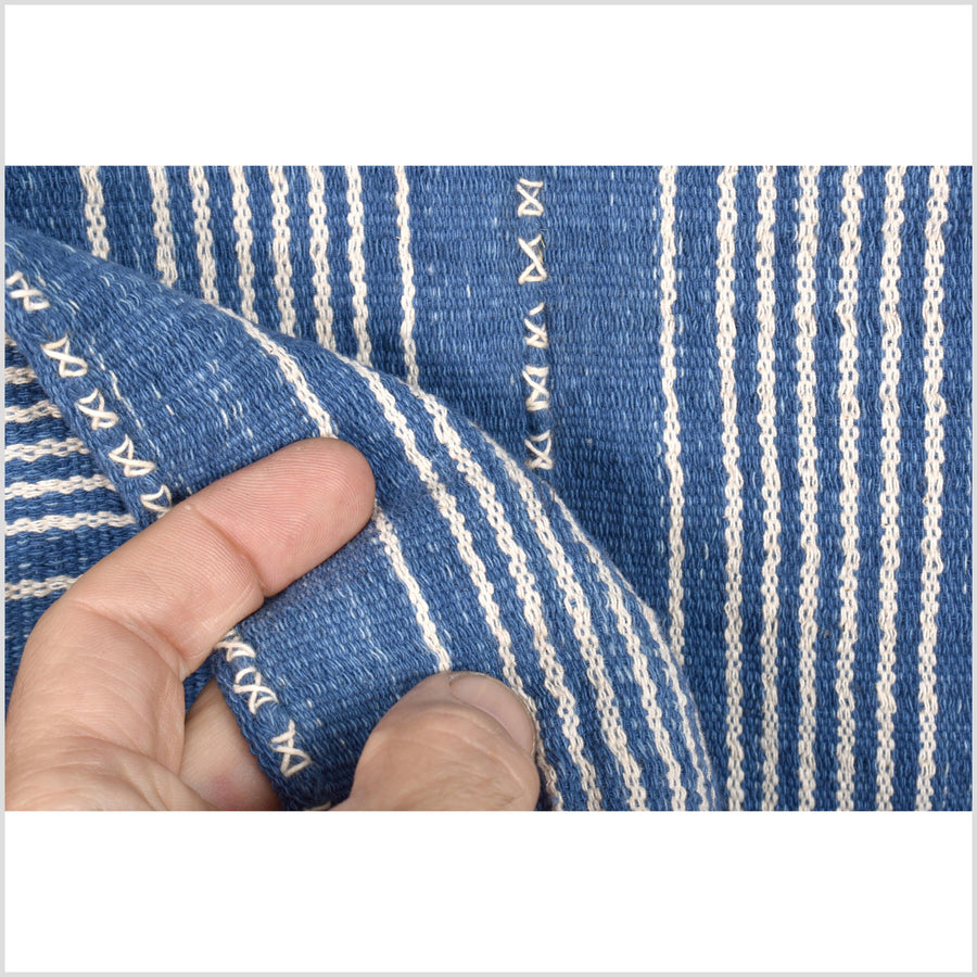 Navy indigo blue, white stripe, natural organic dye cotton, handwoven tribal textile, Karen Hmong fabric, Thai bohemian throw MQ68