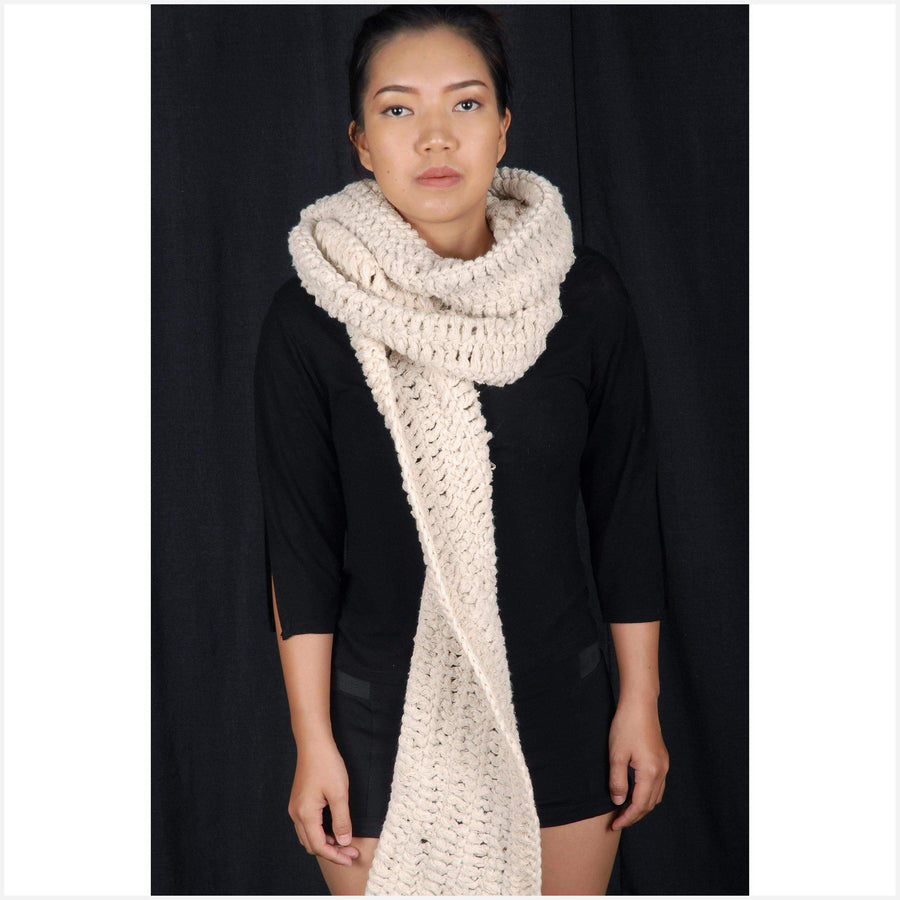 Neutral beige cotton Hmong Miao Karen boho scarf long ethnic natural handwoven crochet cream runner tribal fabric ethnic decor throw 4 AS50