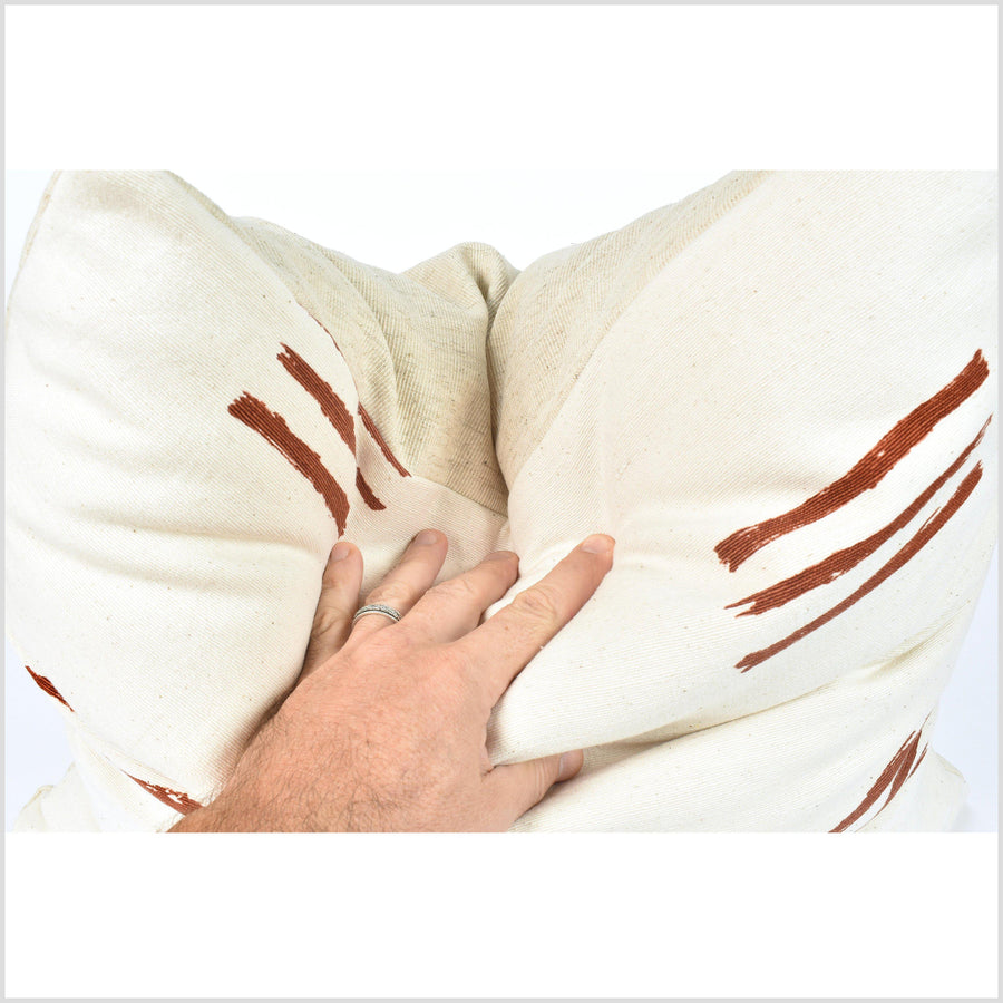 Neutral beige off-white cotton, rust copper brown mud cloth print, handwoven pillowcase, unbleached cotton cushion, square or lumbar QQ70