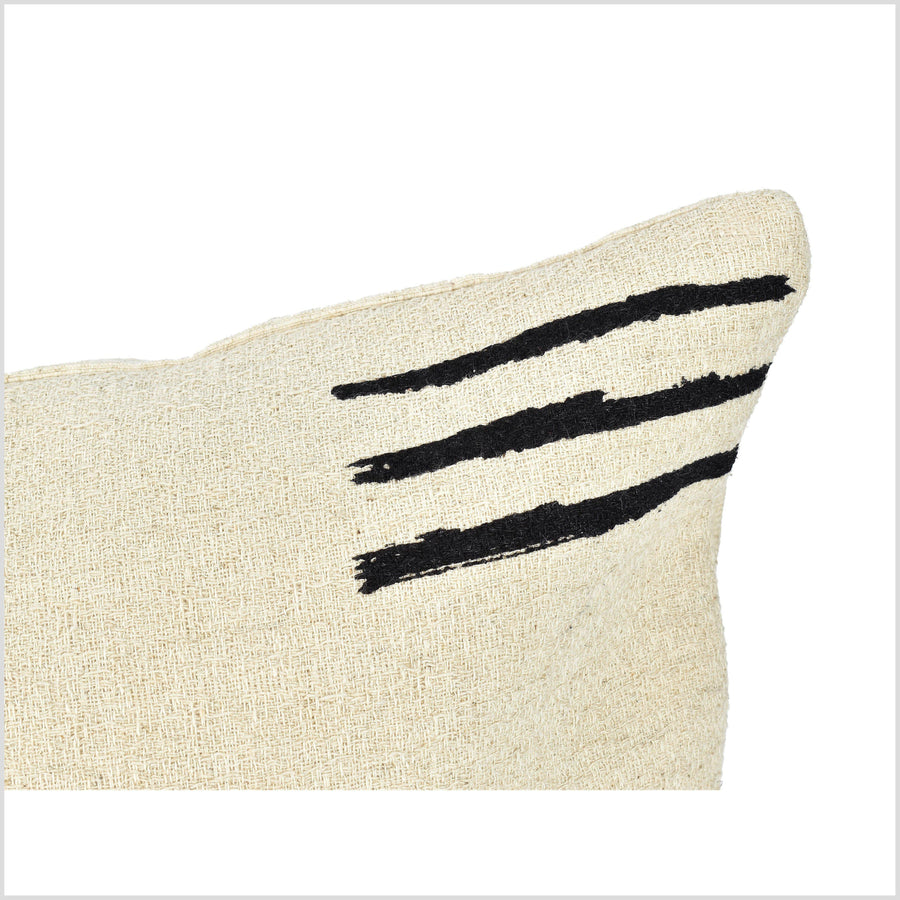 Neutral beige off-white gray hemp, black mud cloth print, rustic handwoven pillowcase, unbleached extra long cushion, square or lumbar QQ79