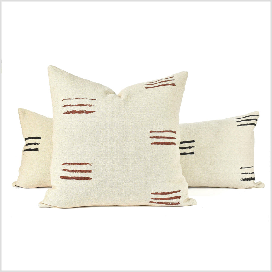 Neutral beige off-white gray hemp, copper rust brown mud cloth print, rustic handwoven pillowcase, extra long cushion, square or lumbar QQ71