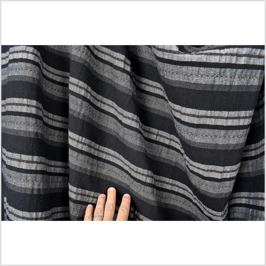 Neutral black gray brown horizontal stripe cotton fabric, embroidered brown stripe, by the yard PHA120