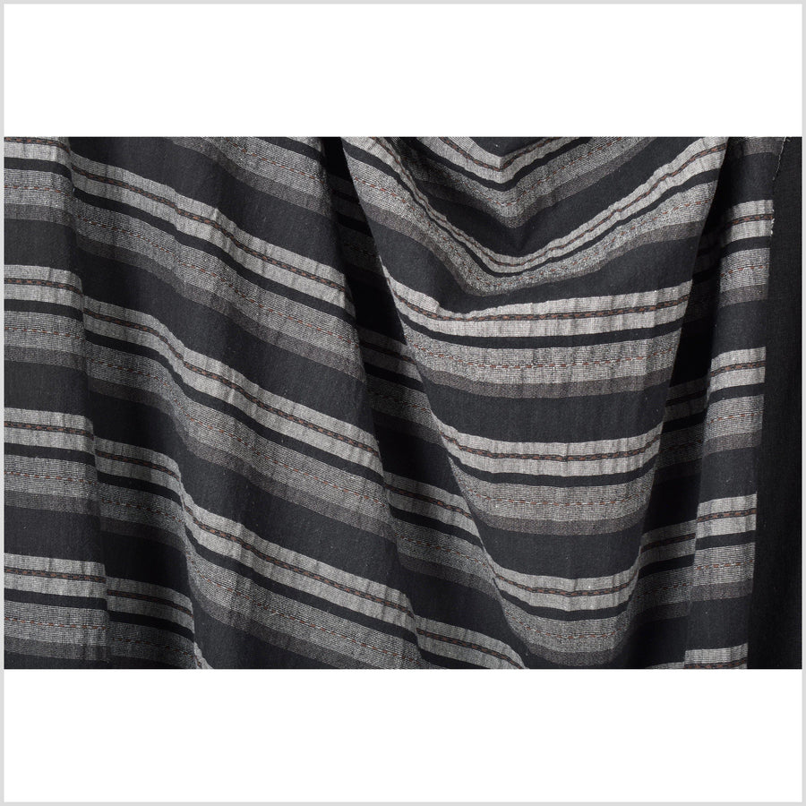 Neutral black gray brown horizontal stripe cotton fabric, embroidered brown stripe, by the yard PHA120