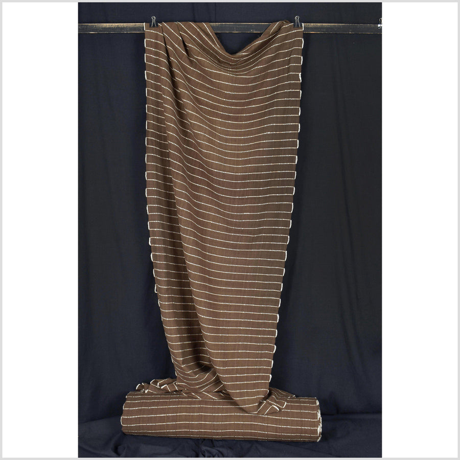 Neutral brown handwoven cotton fabric with woven white striping, medium-weight, plain weave, Thailand woven craft supply, sold per yard PHA100