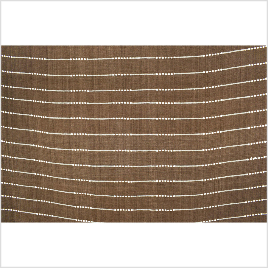 Neutral brown handwoven cotton fabric with woven white striping, medium-weight, plain weave, Thailand woven craft supply, sold per yard PHA100