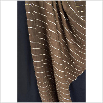 Neutral brown handwoven cotton fabric with woven white striping, medium-weight, plain weave, Thailand woven craft supply, sold per yard PHA100