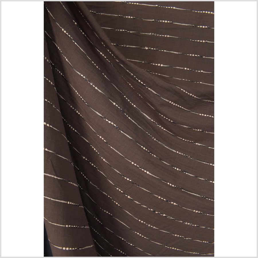 Neutral chocolate brown handwoven cotton fabric with woven mocha and back striping, medium-weight, plain weave, fabric per yard PHA180